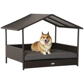 Wicker Dog House Outdoor with Canopy, Rattan Dog Bed with Water-resistant Cushion, Raised Pet Bed for Small, Medium Breeds up to 66 lbs, 20" in Lengt